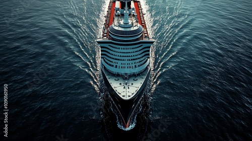 A large cruise ship sails through the ocean, viewed from directly above. The ship's bow is pointed towards the camera, and the wake behind the ship is visible.