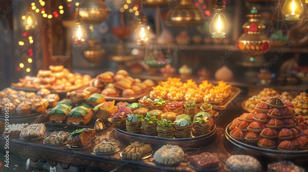 Obraz premium A Display of Diwali Sweets, 8K Realistic Lighting, Highly Detailed