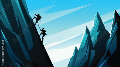 Dramatic mountain climbing scene featuring sharp, snow-capped peaks and brave climbers ascending a perilous, rocky face.