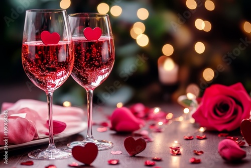 Two elegant glasses of wine adorned with heart motifs sit on a beautifully set table, creating a romantic ambiance perfect for celebrating Valentine's Day. photo