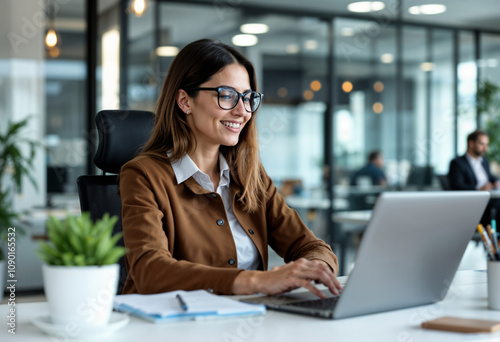 Professional Woman Smiling While Working on Laptop in Modern Office