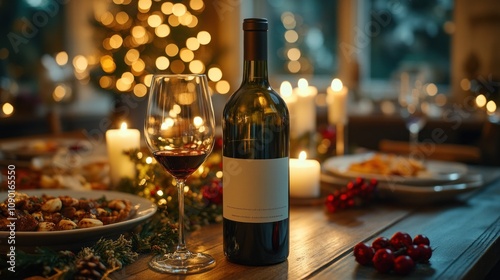 Elegant dinner setting with wine and festive decor.
