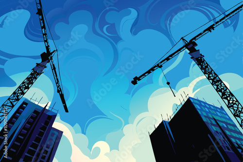 Create a striking, surreal artwork depicting majestic cranes amidst towering skyscrapers, emphasizing contrast between nature and urban sprawl.