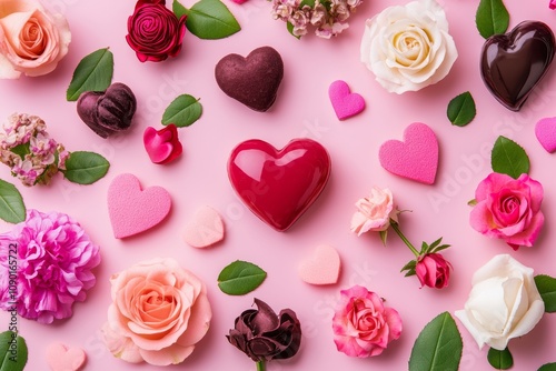 A delightful close-up of assorted chocolates set against a soft pink backdrop, perfect for celebrating love on Valentine's Day.