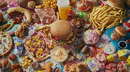 46.A chaotic composition of various junk and ultra-processed foods scattered across a table, including burgers, fries, pizza, fried chicken, soda, and sweets. The greasy and sugary items are stacked photo