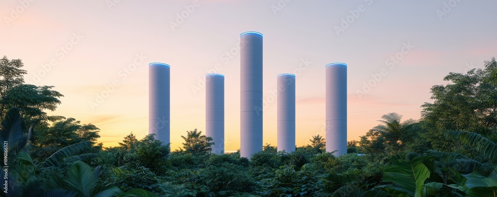Fototapeta premium Modern architectural structures rise amid lush greenery at sunrise.