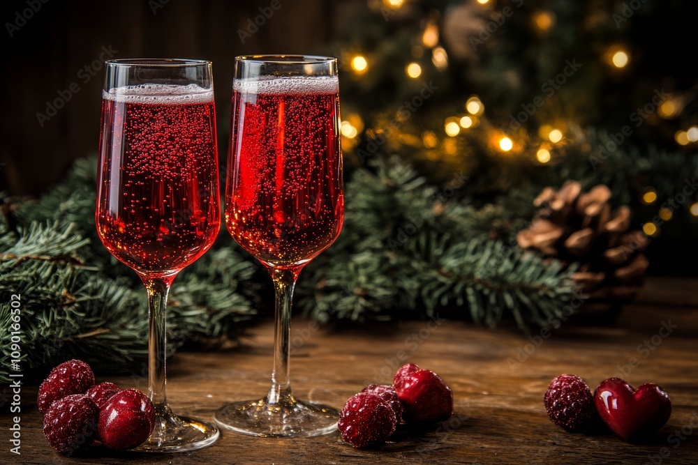 Two elegant glasses of red wine adorned with fresh cranberries, set on a beautifully arranged table, perfect for a romantic Valentine's Day celebration.