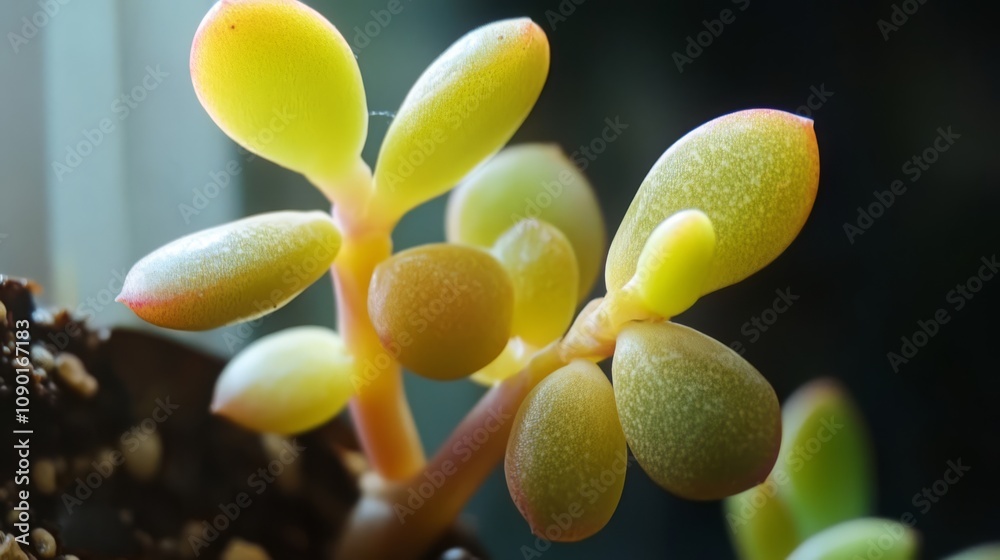 Fototapeta premium Closeup of succulent plant with green and yellow leaves.