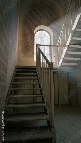 Old large room with a window and a staircase. The room is empty and the light is shining through the window premium photo 3d render