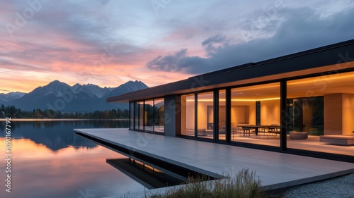 Wallpaper Mural Modern house with stunning sunset view over a calm lake. Torontodigital.ca