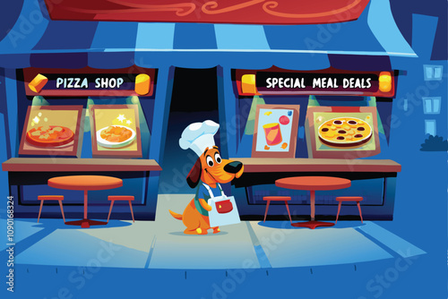 A whimsical illustration of a pizza shop featuring a chef dog in a hat, proudly presenting a special pizza menu.  Include vibrant colors and appetizing pizza visuals.