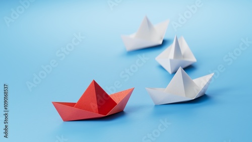 Different business concept.new ideas. paper art style. creative idea.fleet of origami paper boats. Teamwork concept.3D rendering on blue background.