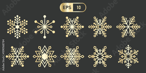 Elegant gold snowflake icons on dark background, showcasing intricate designs in vector format. Perfect for winter themed projects and holiday decorations