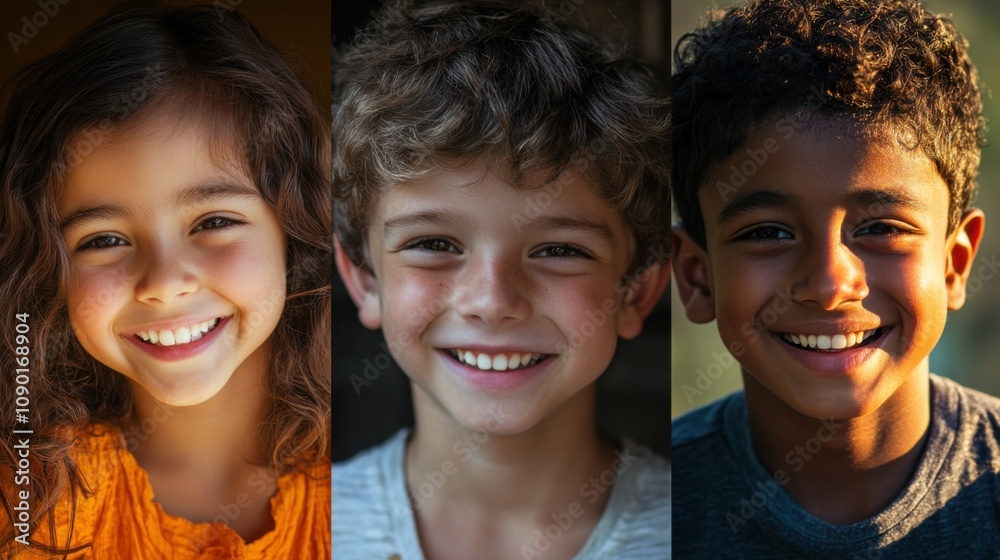 Fototapeta premium Closeup of three children, a South Asian girl with a bright smile and wavy hair, a white boy with a cheerful grin and curly hair