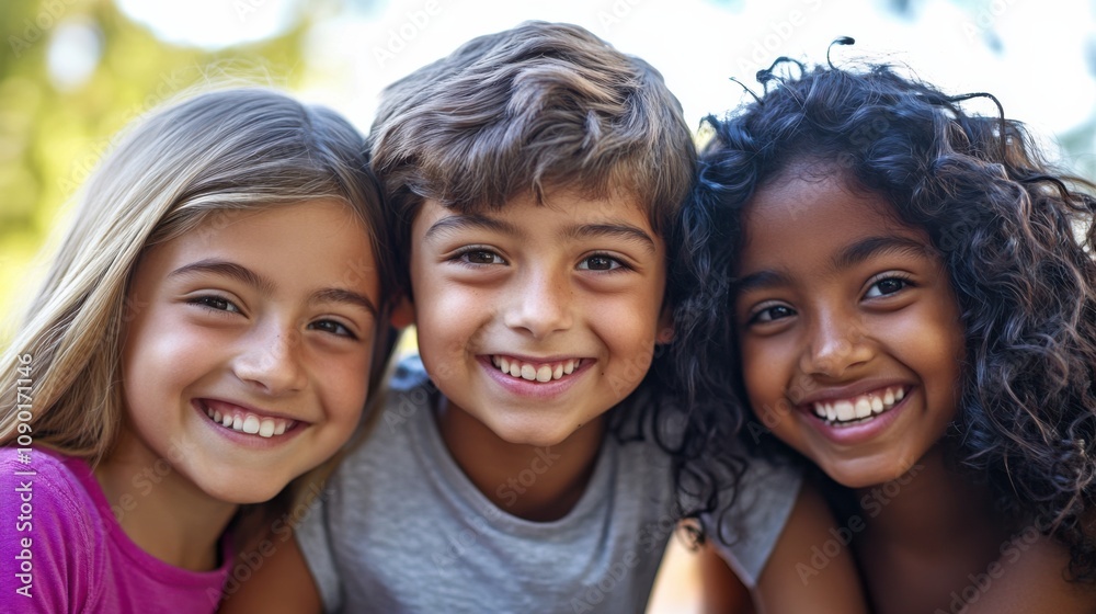 Fototapeta premium Closeup of three children, a South Asian girl with a playful smile and medium-length hair, a Black boy with a bright grin and short hair
