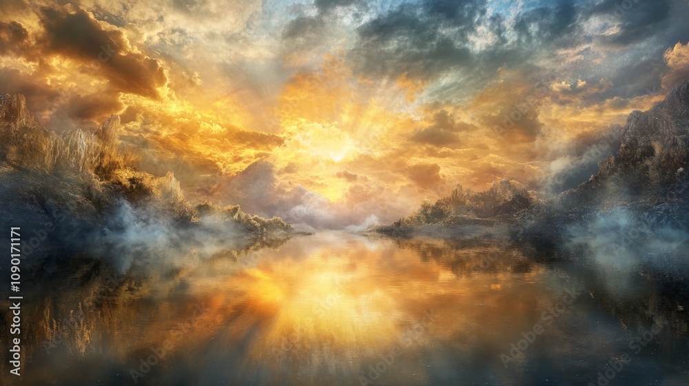 Fototapeta premium A breathtaking landscape showcases a vibrant sunrise over a tranquil lake, with dramatic clouds and reflections creating a serene atmosphere.