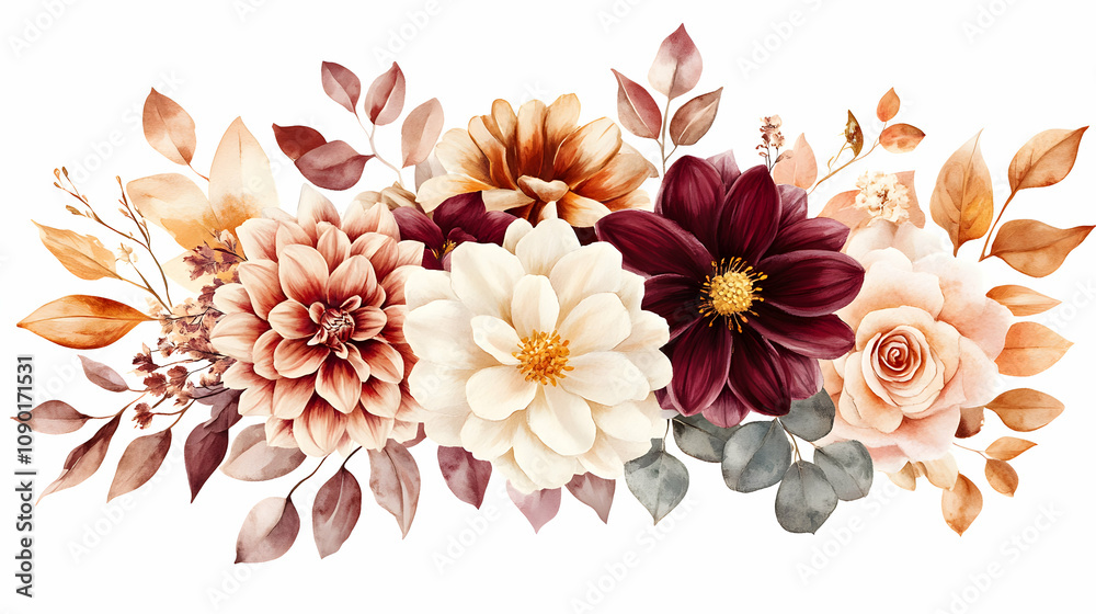 Obraz premium Watercolor Painting of a Bouquet with Burgundy Dahlias, Creamy White Flowers, and Peach Roses with Autumnal Leaves