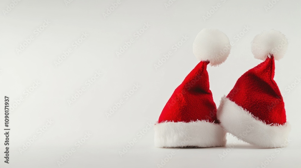 Fototapeta premium Two Traditional Red Santa Claus Hats with White Pom-Poms Facing Each Other Like Kissing - Isolated on White Background with Copy Space. Close-Up Macro Side View