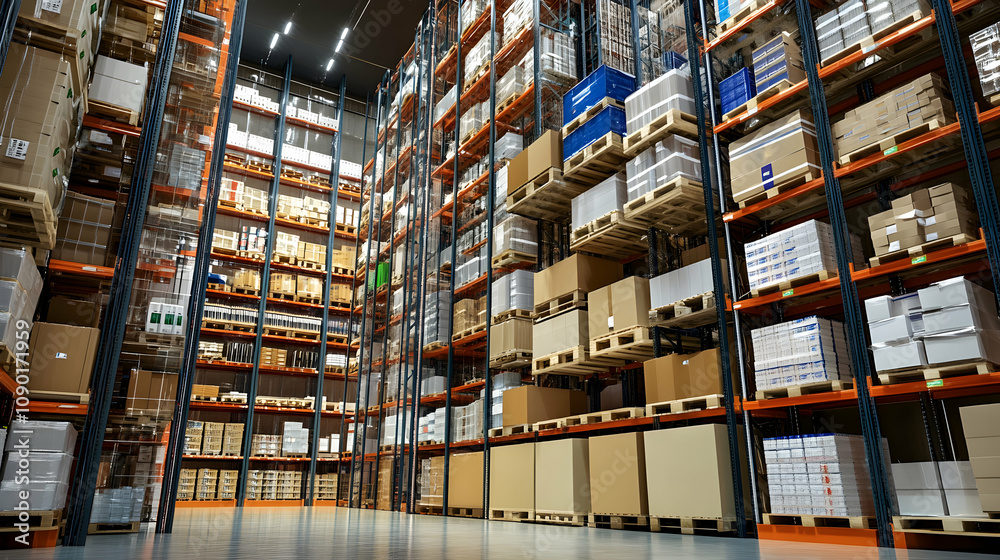 Fototapeta premium High-Bay Warehouse: Rows of Cardboard Boxes on Orange Shelves, Industrial Storage Facility