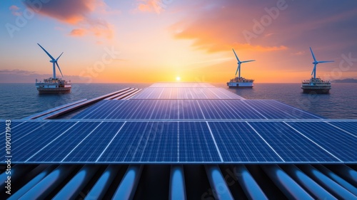 Solar panels and wind turbines at sunset on the ocean. photo