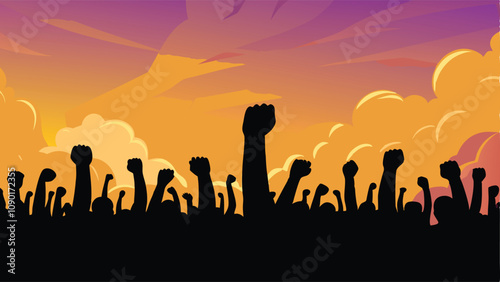 A powerful silhouette of a massive crowd, arms raised in unified fists, against a vibrant sunset.