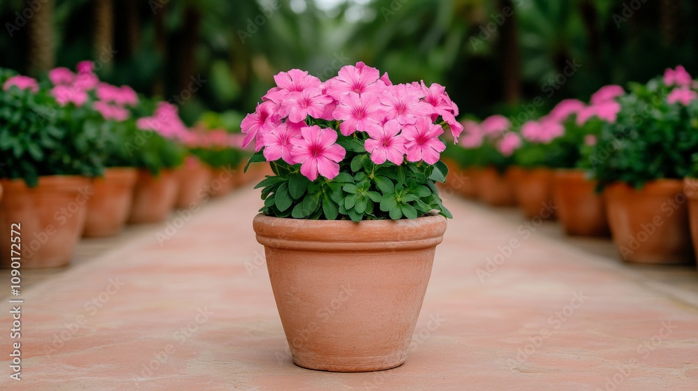 Pink Flowers in Terracotta Pot: A delightful image of vibrant pink flowers blooming in a terracotta pot, set against a blurred backdrop of more flowers in terracotta pots. Pink Flowers in Terracotta Pot: A delightful image of vibrant pink flowers blooming in a terracotta pot, set against a blurred backdrop of more flowers in terracotta pots.