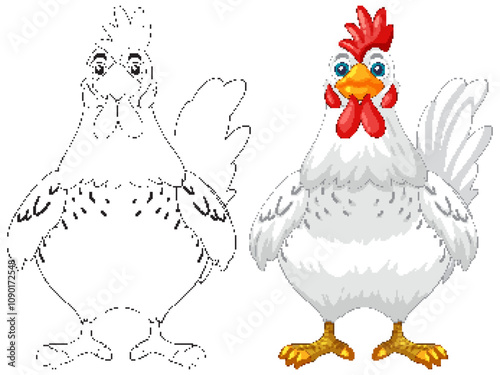Colorful and Outline Chicken Illustration