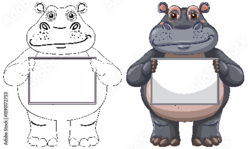 Hippo Holding Blank Sign Illustration