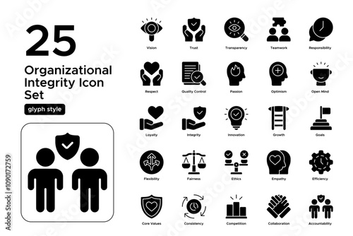 Organizational Integrity Glyph Icon Set: Value-Driven Actions, Responsible Practices, and Team Dynamics Icons