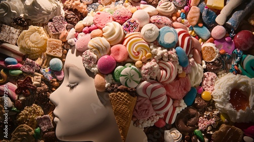 5.A silhouette of a head that is completely composed of collaged sweets and treats, including ice cream cones, cookies, and candy. The arrangement is dense and vibrant, reflecting an obsession with photo