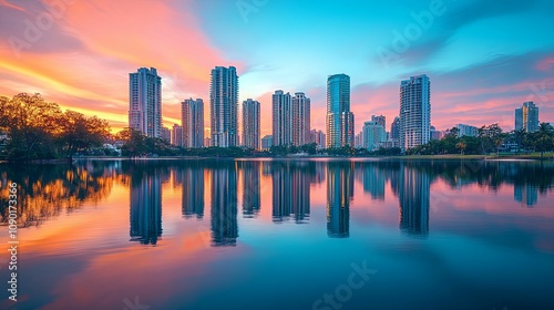 Cityscape Skyline Reflecting In Calm Sunset Water