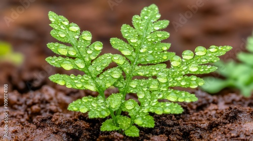 Dew-Kissed Fern Sprout: A vibrant young fern unfurls its delicate fronds, adorned with glistening dewdrops, emerging from rich soil. photo