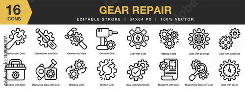 Gear Repair icon set. Editable Stroke Icon Collection. Includes blueprint, broken gear, drill, bearings, bolts, sprocket, and More. Outline icons vector collection.
