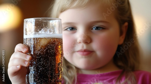 17.A close-up of a young Caucasian girl holding a sugary soda drink in her hand, visibly overweight. The background is blurred, focusing on the soda and her chubby fingers wrapped around it. The