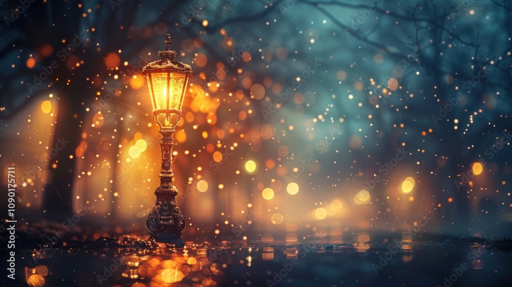 Fototapeta premium A glowing streetlamp illuminates a misty, atmospheric landscape.