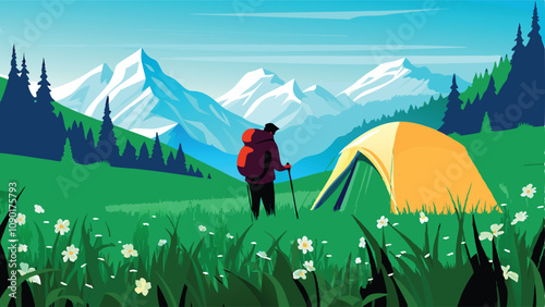 A detailed vector illustration of a lone hiker expertly pitching a dome tent in a vibrant, sun-drenched mountain meadow.