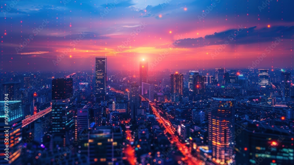 Obraz premium Vibrant city skyline at sunset.