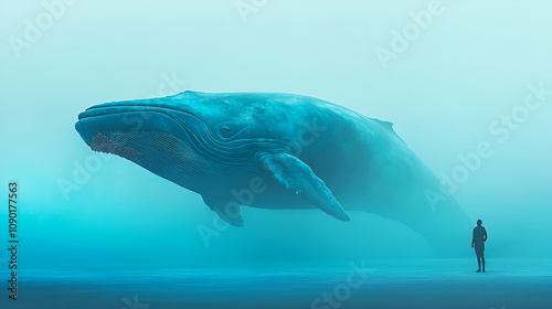 Jonah and the Whale. Silhouette of a man looking at a whale in the blue water. photo