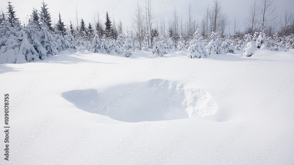 Fototapeta premium Snow-Covered Winter Landscape: A solitary, snow-covered landscape. The pristine white snow blankets the ground, highlighting the stark beauty of the winter season. In the distance.