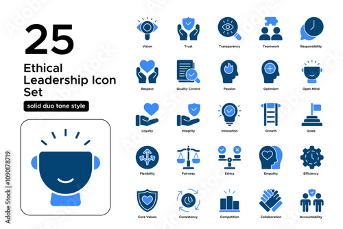 Ethical Leadership Solid Duo Tone Icon Set: Guiding Principles, Workplace Respect, and Strong Values Icons