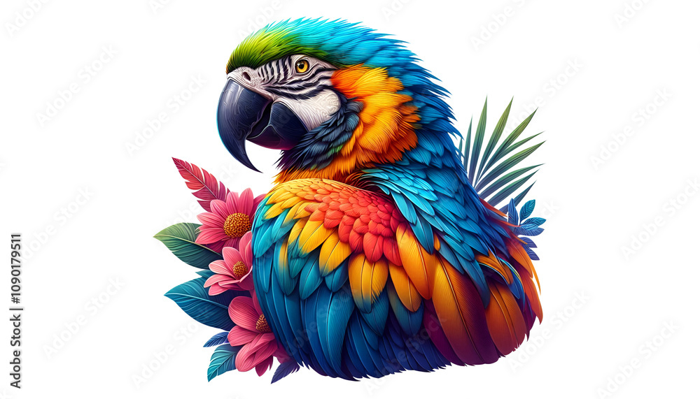 Obraz premium Colorful macaw parrot with vibrant feathers isolated on transparent background, ideal for tropical and exotic design projects