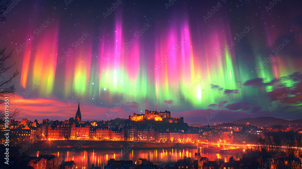Fototapeta premium A Vibrant Aurora Borealis Display Illuminates a Cityscape with a Castle and a River Reflecting the Lights, Creating a Magical Night Scene