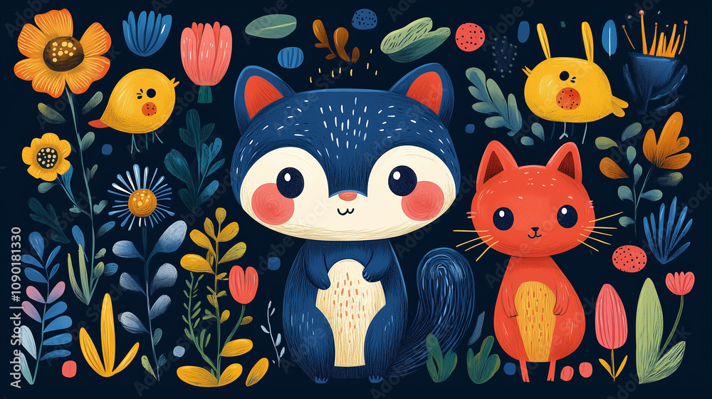 Naklejka premium vibrant and colorful a variety of fun and playful characters and shapes, perfect for kids
