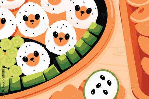 Adorable bento box featuring cute rice balls, boiled eggs, and other colorful ingredients.  Focus on close-up, appetizing detail.