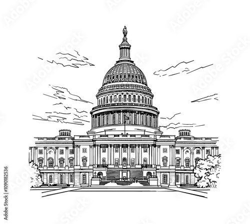 capitol building engraving black and white outline, good quality