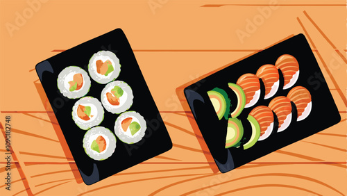 Sophisticated sushi platters artfully arranged on sleek slate plates, showcasing vibrant fish, rice, and garnishes.