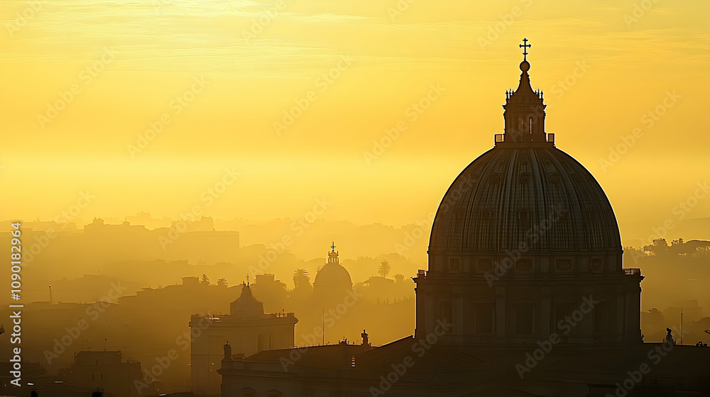 Obraz premium Silhouette of a Dome of a Cathedral at Sunset with Foggy City Skyline in the Background