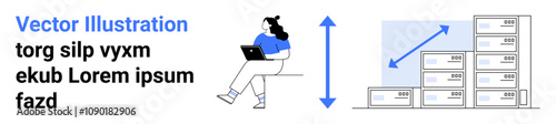 Female figure working on laptop, blue arrow pointing up, indicating growth, and stacked boxes representing shipment. Ideal for business growth, efficiency, logistics, success, productivity