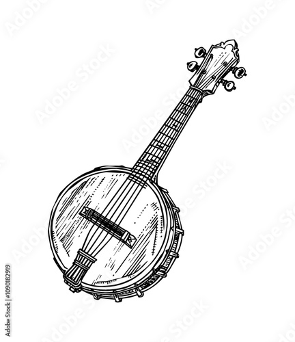 banjo engraving black and white outline, good quality