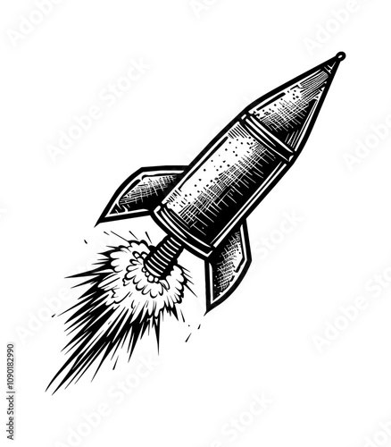 rocket firework engraving black and white outline, good quality